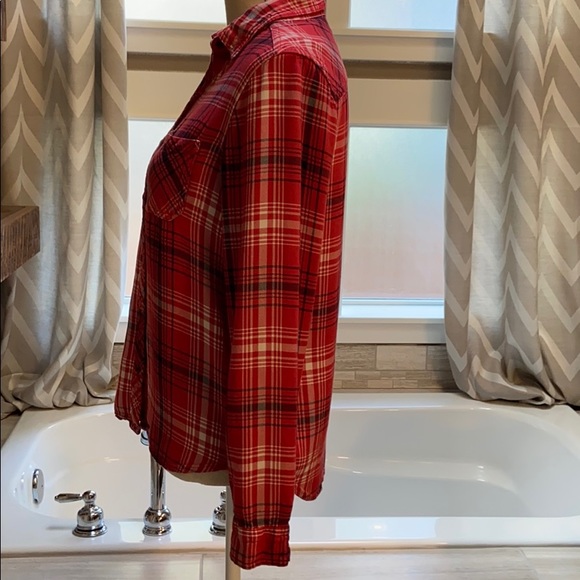 Plaid Dressy Rayon Soft Red Flannel-Look Button Down Button Front Shirt Blouse - Picture 3 of 11